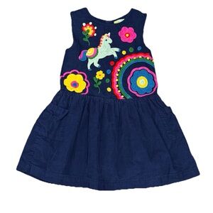 Mini Boden Girls Blue Navy Cord Embroidered Unicorn Pinafore Dress Size 4-5Y
